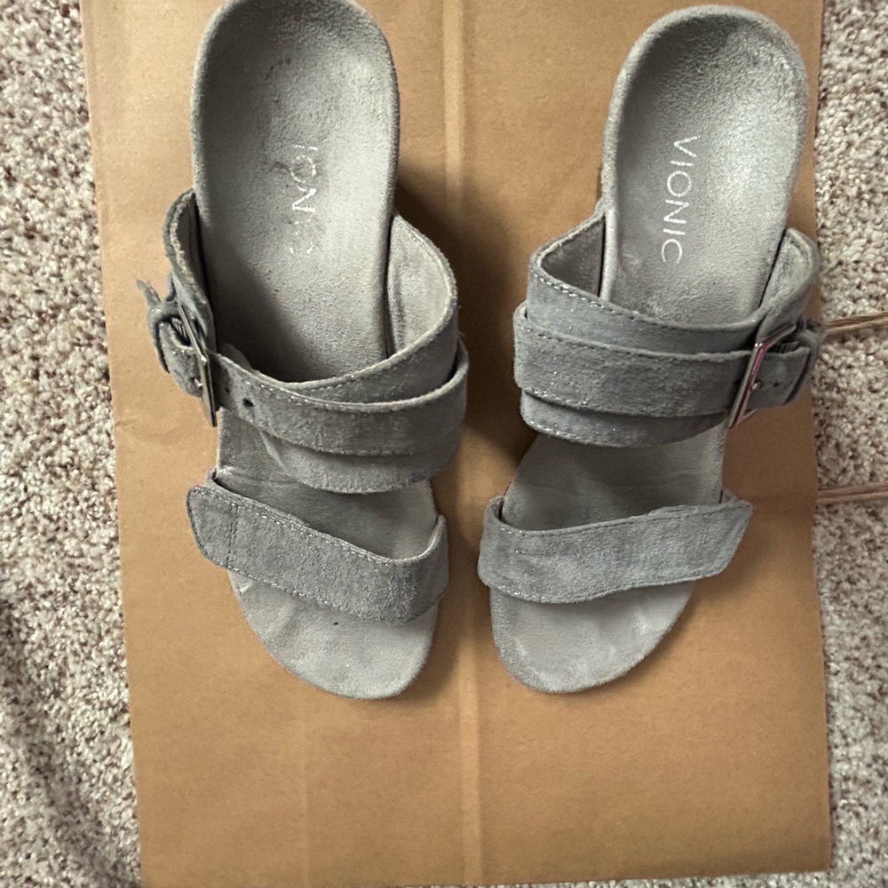 Vionic wedge sandals size 7.5 gray suede look with buckle and Velcro.